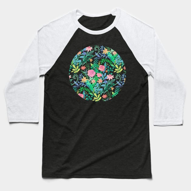 Roses + Green Messy Floral Posie Baseball T-Shirt by micklyn